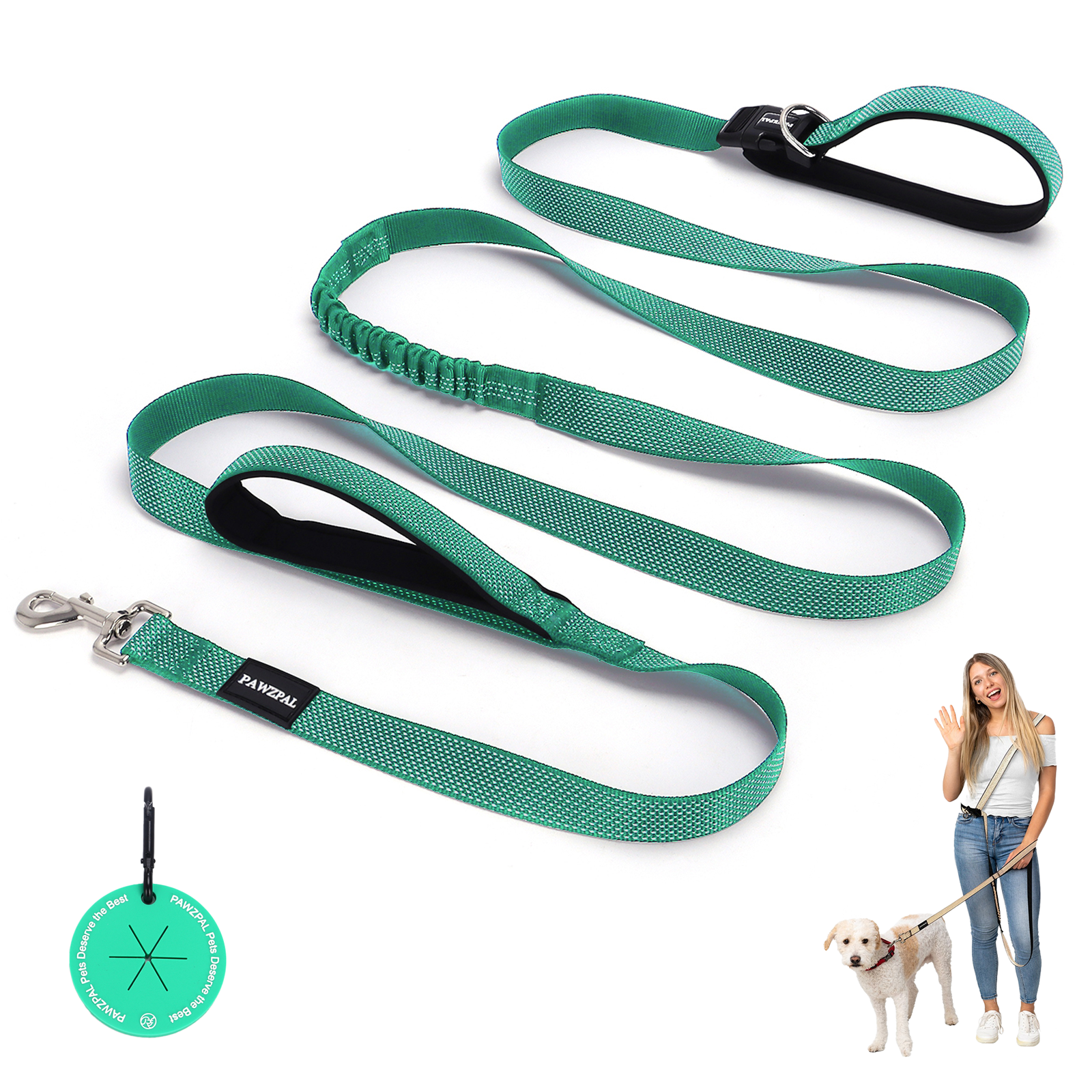 PAWZPAL Hands Free Dog Leash - Adjustable Waist/Crossbody 2-in-1 Belt with Shock-Absorbing, Traffic Handle, Reflective and Heavy Duty for Running, Jogging and Hiking