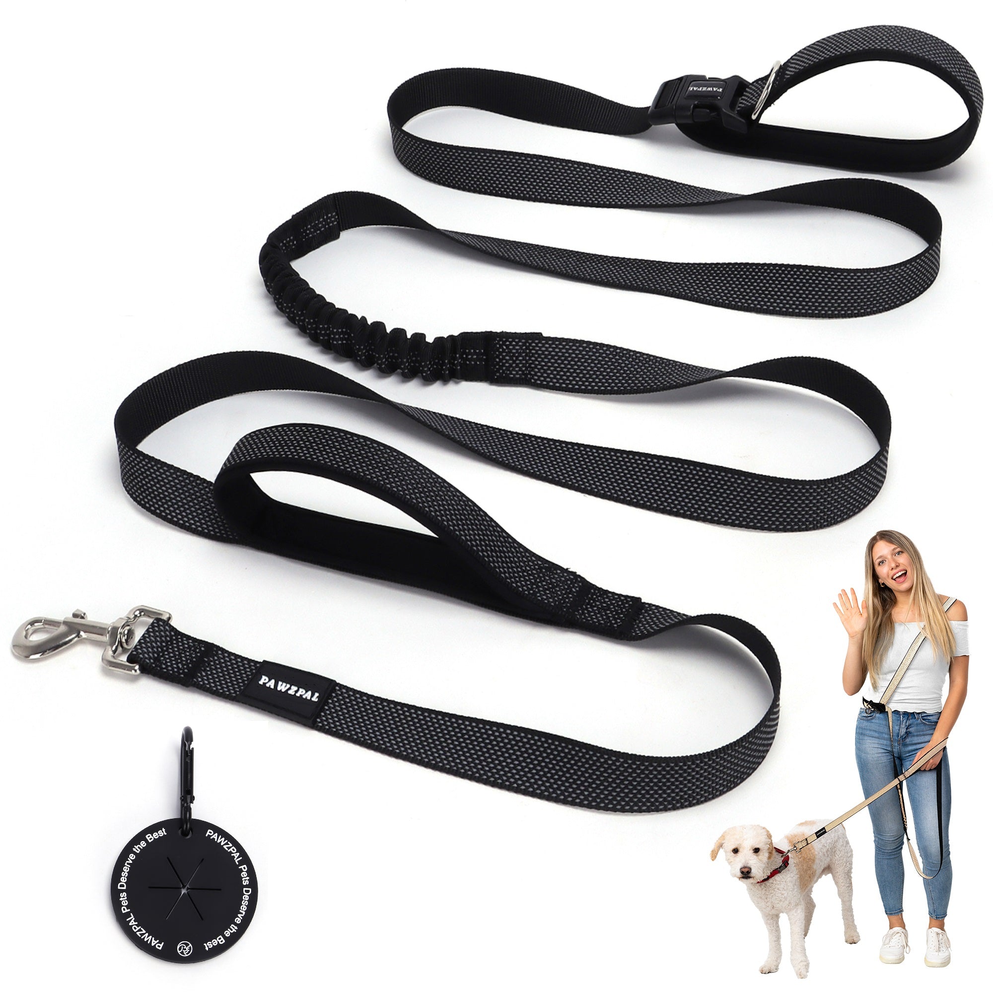 PAWZPAL Hands Free Dog Leash - Adjustable Waist/Crossbody 2-in-1 Belt with Shock-Absorbing, Traffic Handle, Reflective and Heavy Duty for Running, Jogging and Hiking