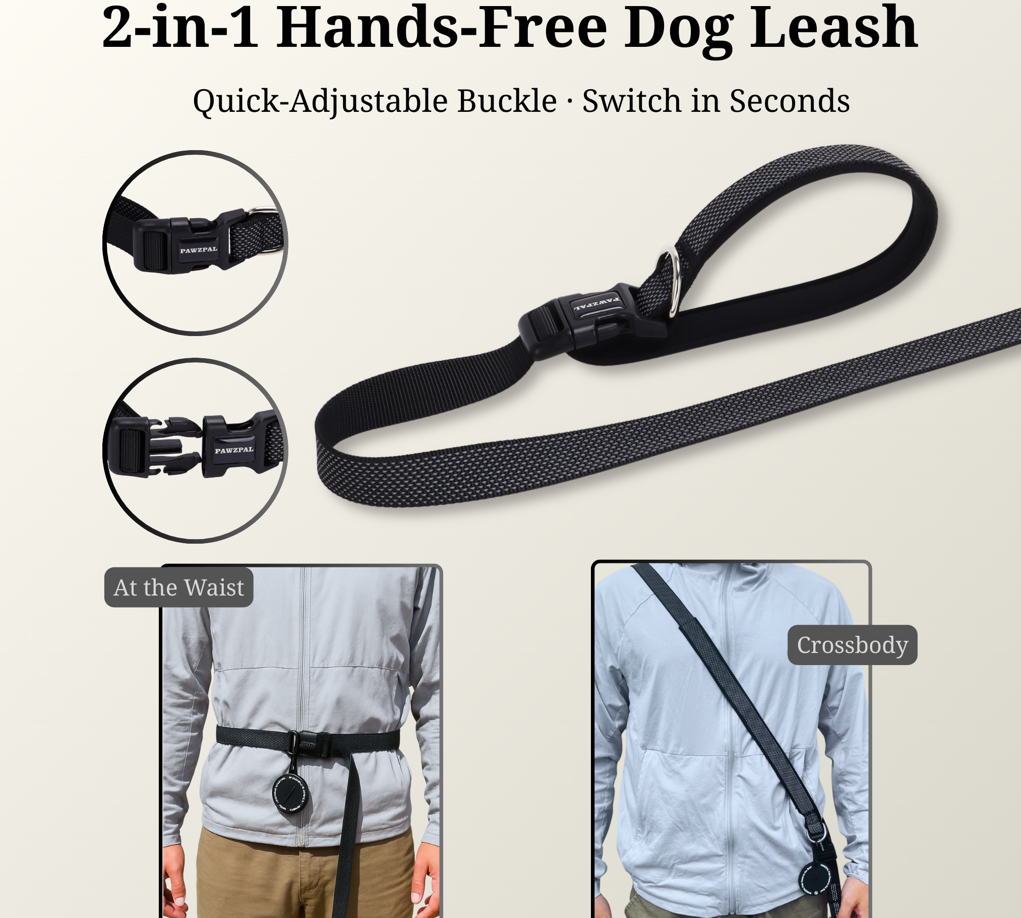 Laisse pour chien mains libres PawzPal — Anti-traction, Réfléchissante, Amortissante