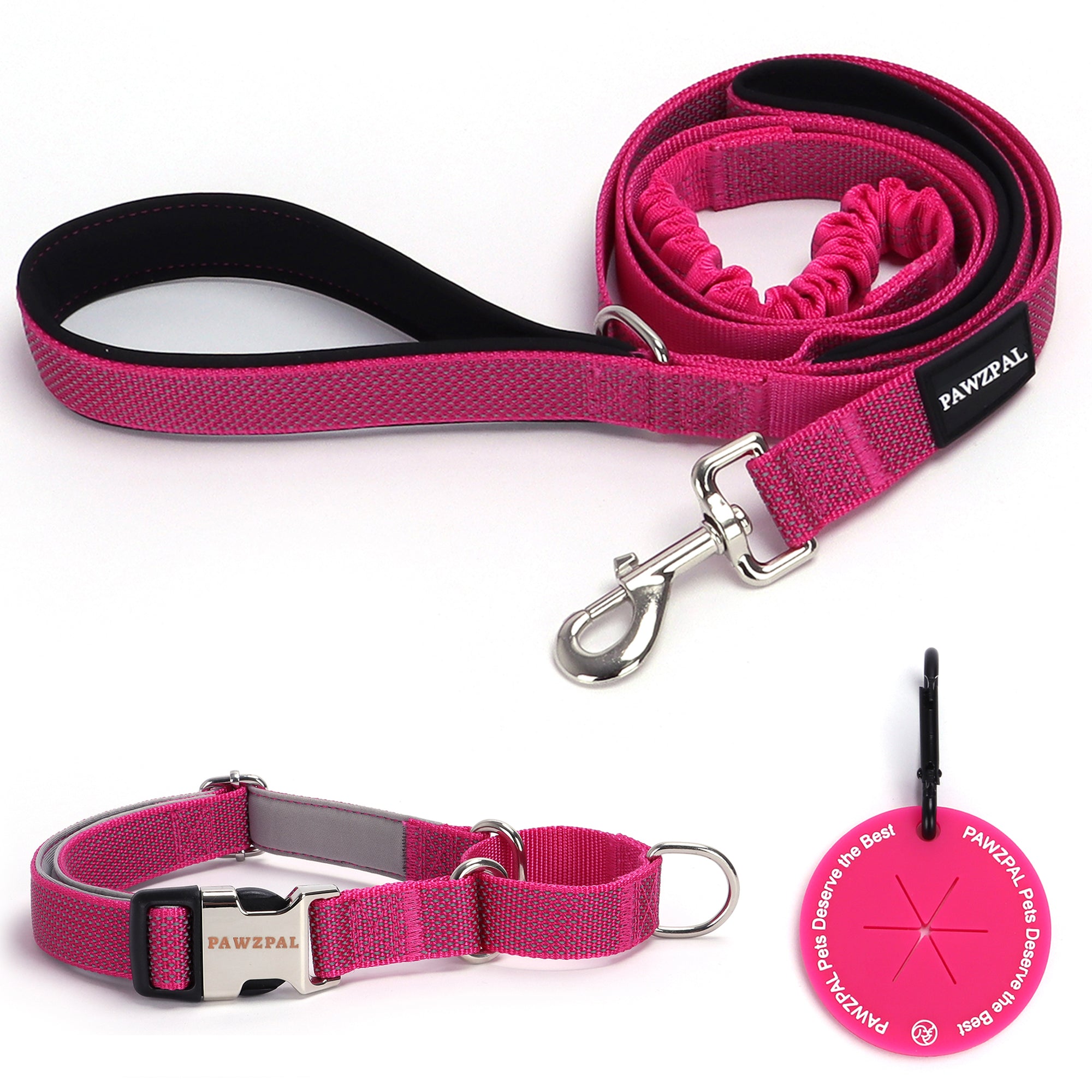 PAWZPAL 6FT Bungee Dog Leash & Martingale Collar Set Hot Pink – Shock-Absorbing Dual Chain Training Collar, Starlight Reflective, Soft-Padded Handle, Heavy-Duty for Small Medium Large Dogs