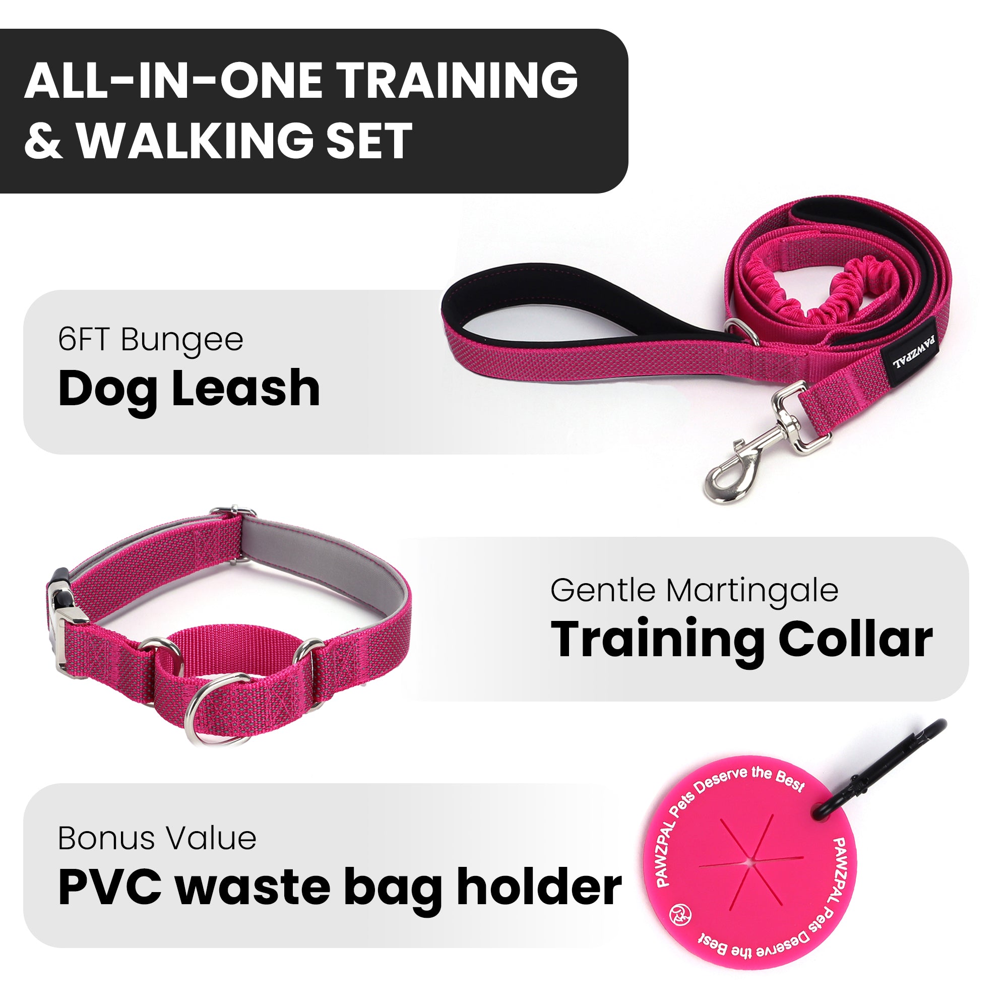 PAWZPAL 6FT Bungee Dog Leash & Martingale Collar Set Hot Pink – Shock-Absorbing Dual Chain Training Collar, Starlight Reflective, Soft-Padded Handle, Heavy-Duty for Small Medium Large Dogs