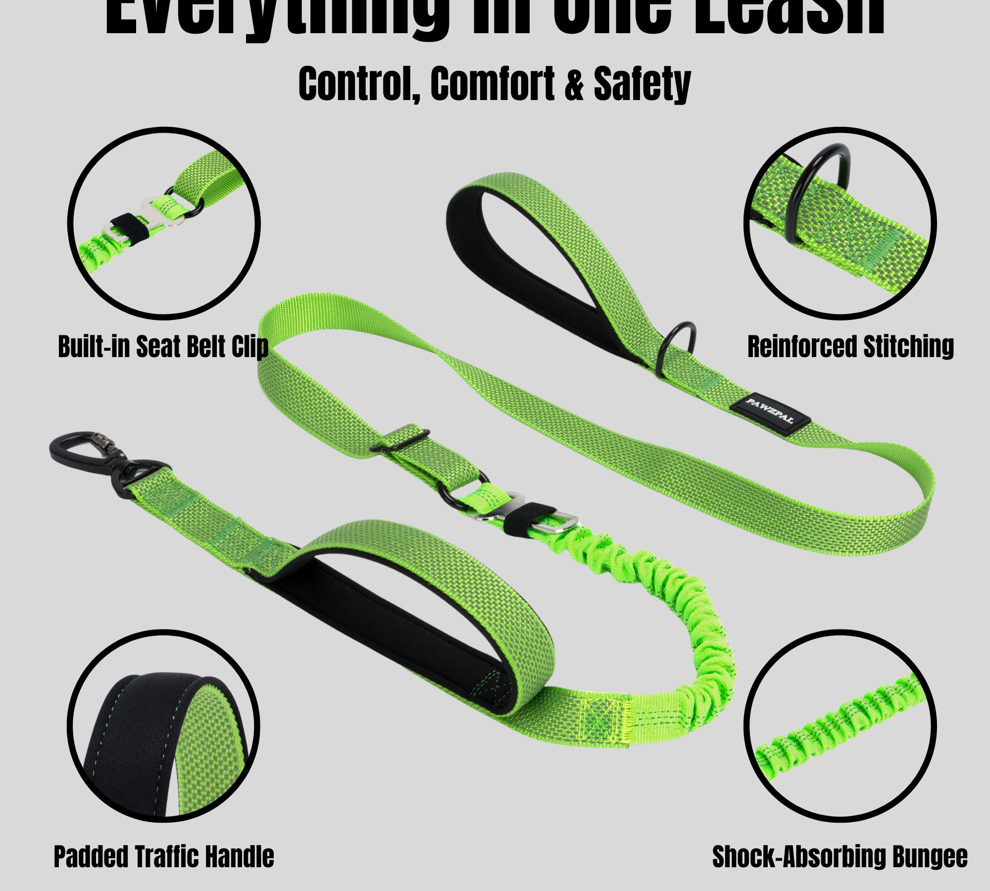 PawzPal 4–6FT Adjustable Reflective Dog Leash with Car Seat Belt Clip for Walking, Training & Travel