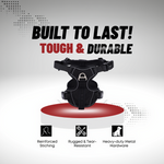 Dog harness with durability features on a gray background