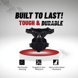 Dog harness with durability features on a gray background