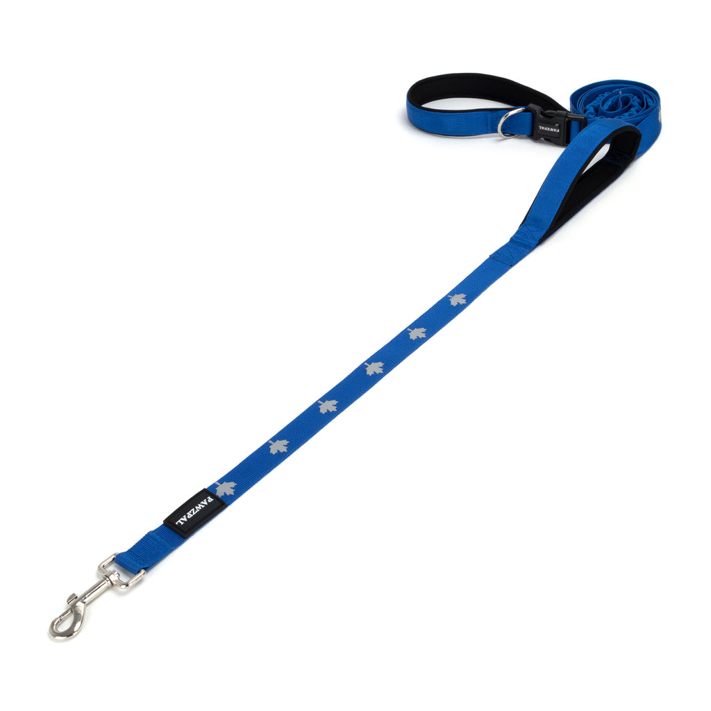 Hands Free Dog Leash - Waist/Crossbody 2-in-1 Belt with Shock-Absorbing, Traffic Handle, Maple Leaf Reflective and Waste Bag Carrier Maple Blue