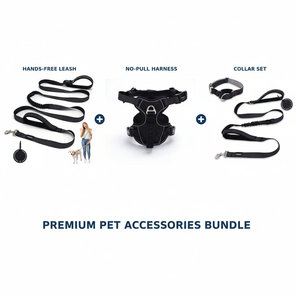 Dog walking kit with hands-free leash, no-pull harness, and collar set on a white background.