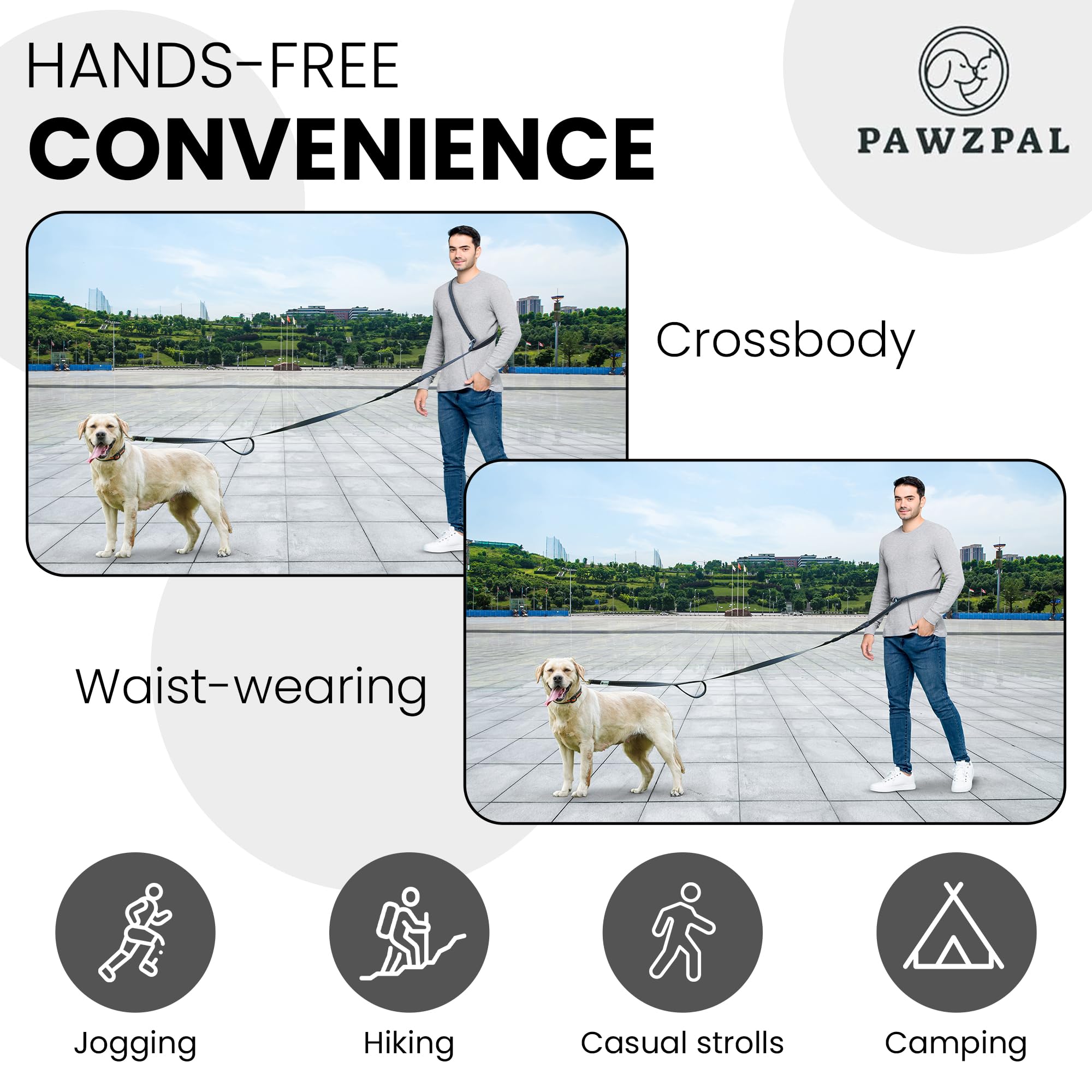 PAWZPAL Hands Free Dog Leash - Adjustable Waist/Crossbody 2-in-1 Belt with Shock-Absorbing, Traffic Handle, Reflective and Heavy Duty for Running, Jogging and Hiking