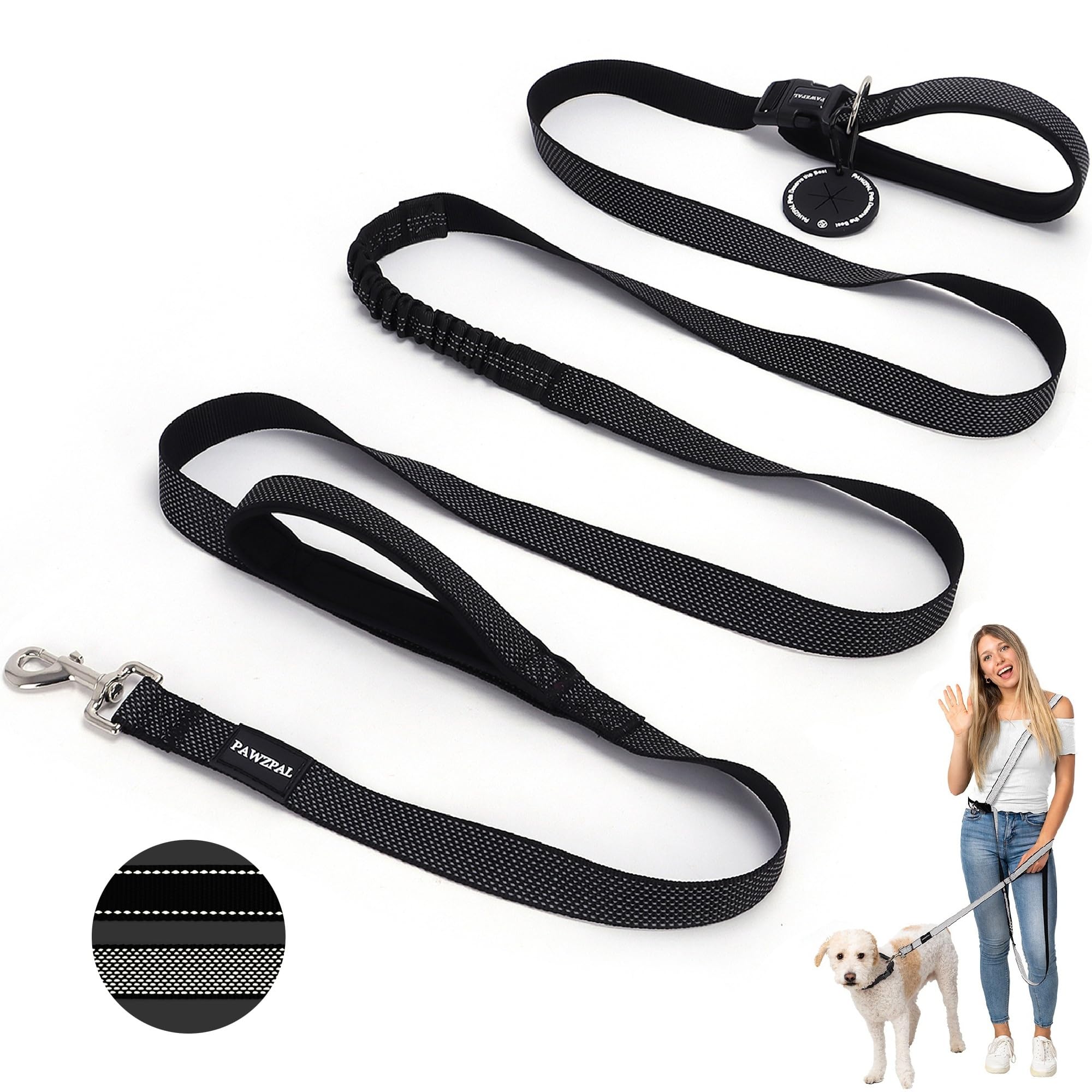 PAWZPAL Hands Free Dog Leash - Adjustable Waist/Crossbody 2-in-1 Belt with Shock-Absorbing, Traffic Handle, Reflective and Heavy Duty for Running, Jogging and Hiking