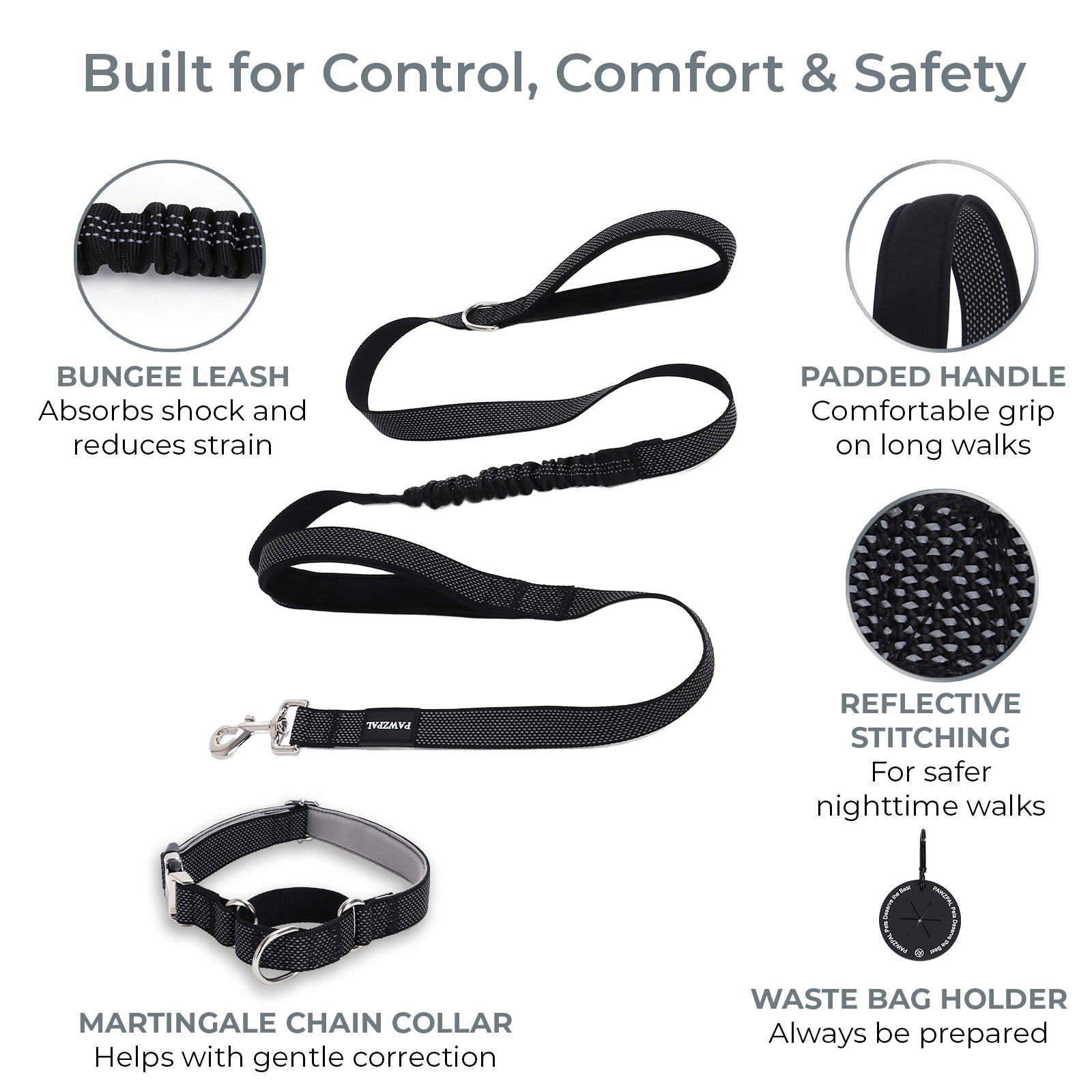 PAWZPAL 6FT Bungee Dog Leash & Martingale Collar Set – Shock-Absorbing Dual Chain Training Collar, Starlight Reflective, Soft-Padded Handle, Heavy-Duty for Small Medium Large Dogs